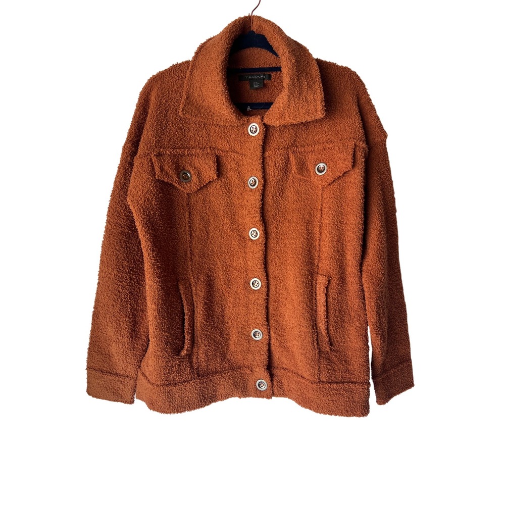 Tahari Womens Rust Orange Boucle Knit Button Front Shacket Jacket Size Medium